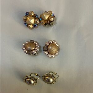 VTG collection of vintage clip-on earrings; 2 cluster style and 1 faux pearl